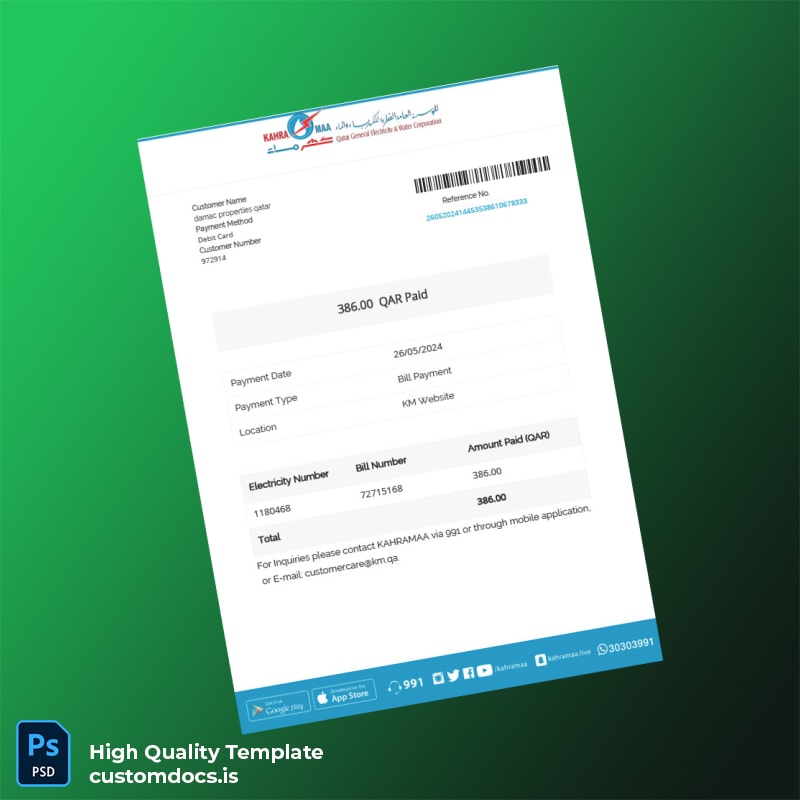 Qatar KAHRAMAA Editable Utility Bill Template in Word and PDF formats