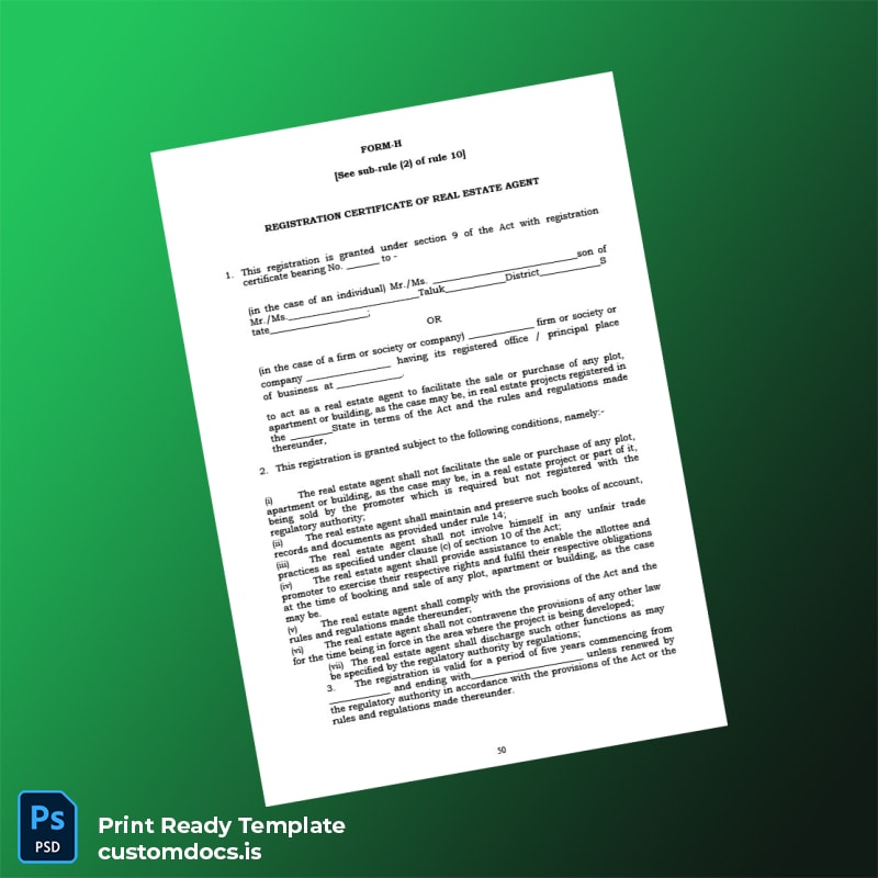 customizable Real Estate Regulatory Authority Registration Certificate Template - Word & PDF File Preview