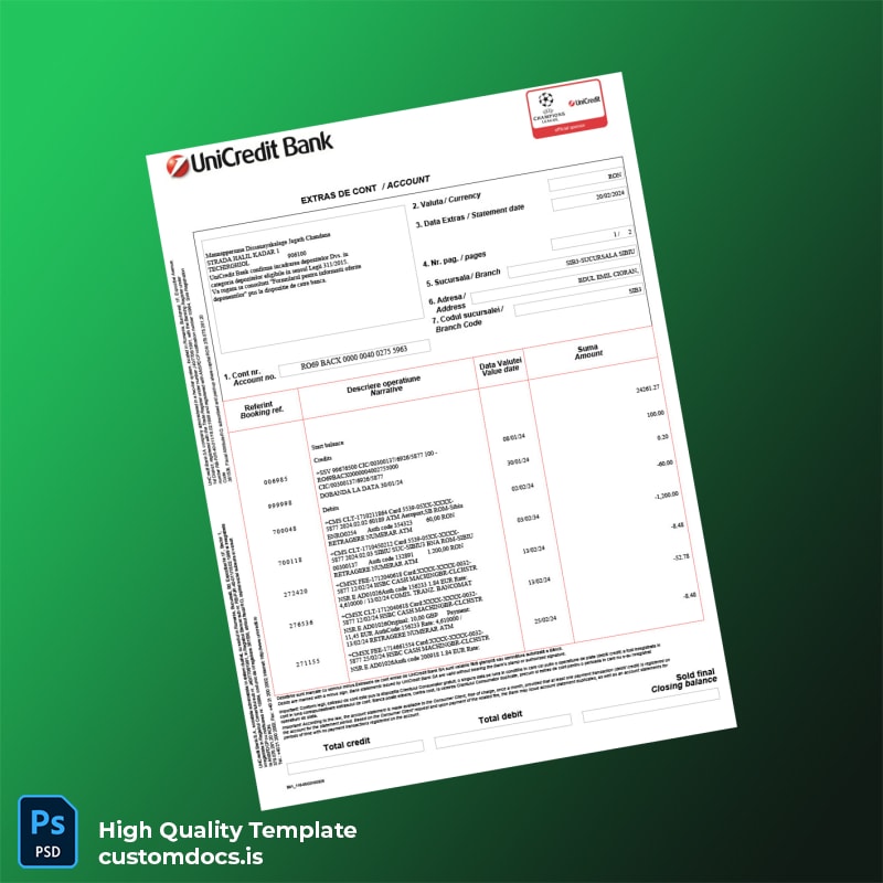 Romania Unicredit Bank Account Statement Template in Word and PDF formats