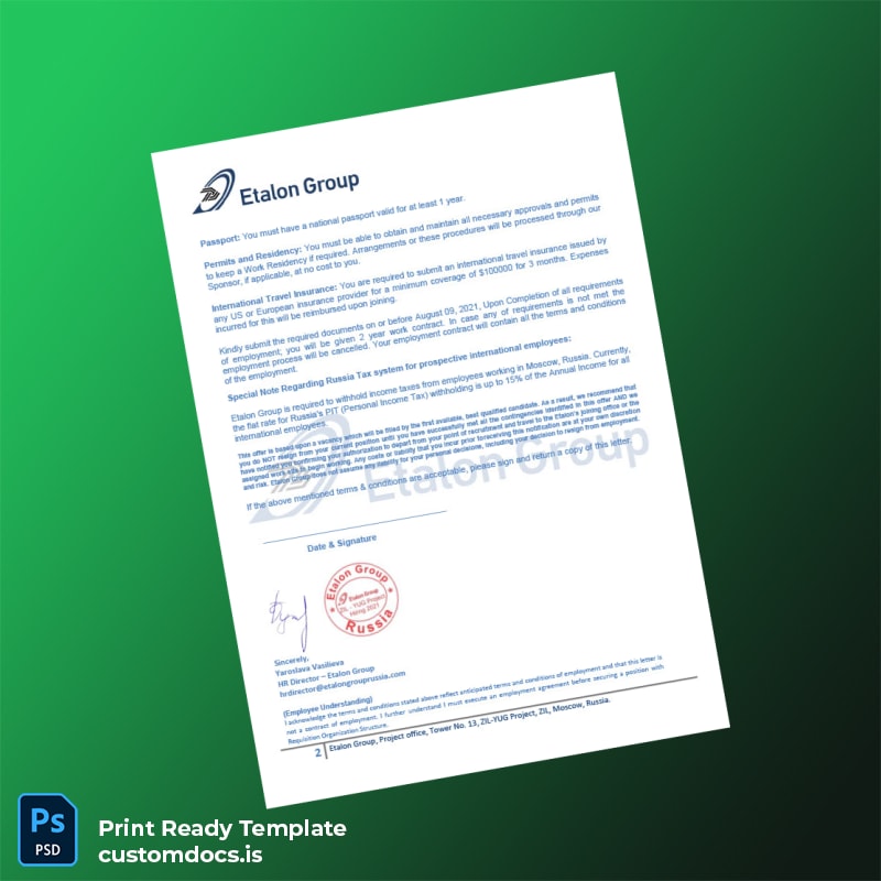 Custom Russia Etalon Employment Verification Letter Template in Word and PDF formats page 2 File Preview - CustomDocs