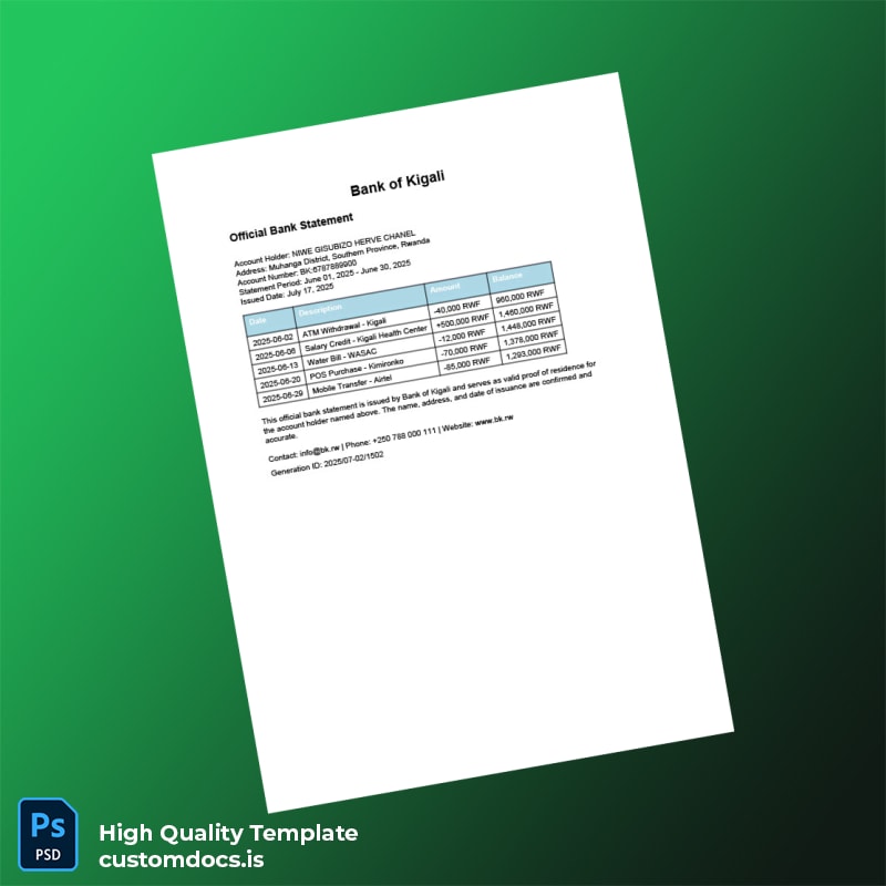 Rwanda Bank of Kigali Official Bank Statement Template in Word and PDF formats