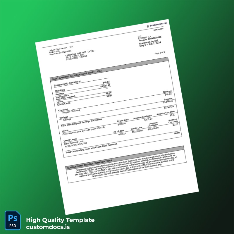 Singapore Citibank Account Statement Template in Word and PDF formats