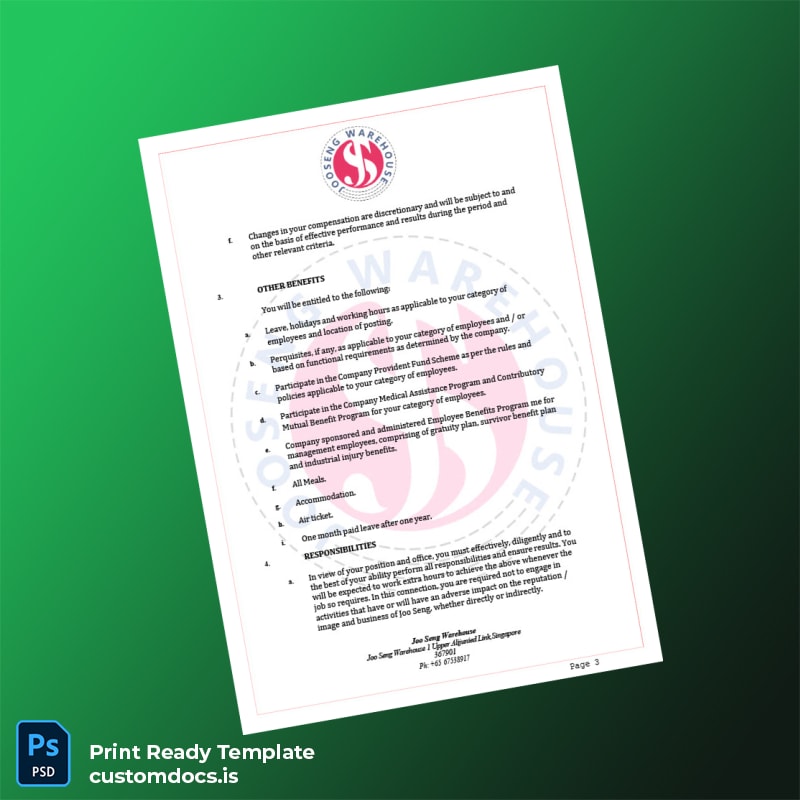 Custom Singapore Joo Seng Warehouse Employment Verification Letter Template in Word and PDF formats page 3 File Preview - CustomDocs
