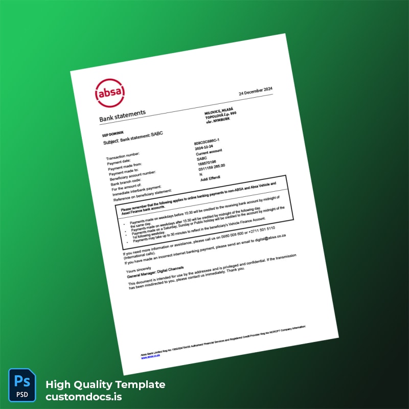 South Africa Absa Bank Statement Template in Word and PDF formats