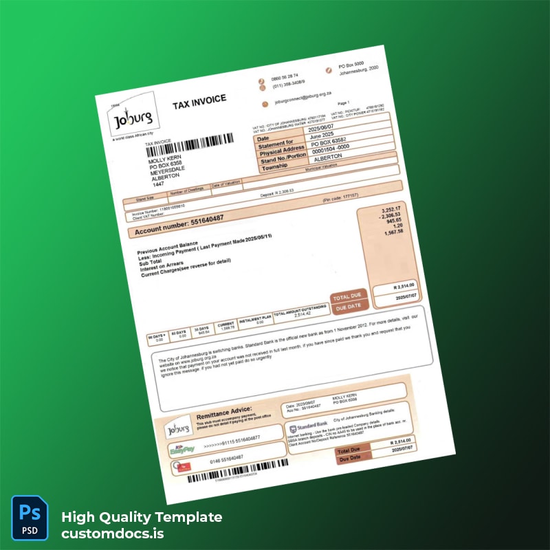 South Africa City Of Johannesburg Editable Utility Bill Template in Word and PDF formats