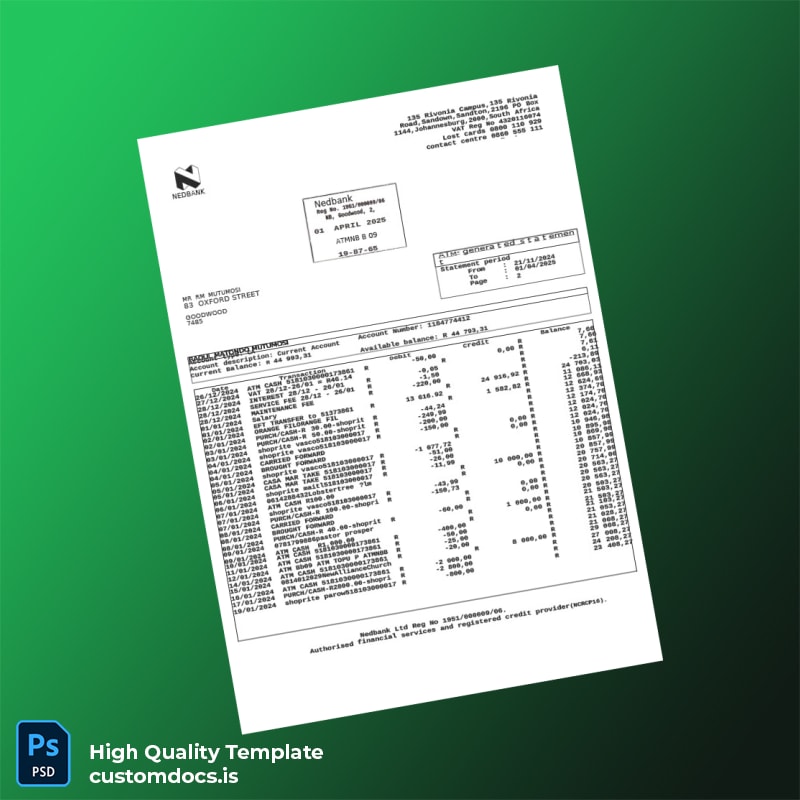 South Africa Nedbank Bank Statement Template in Word and PDF formats page 2