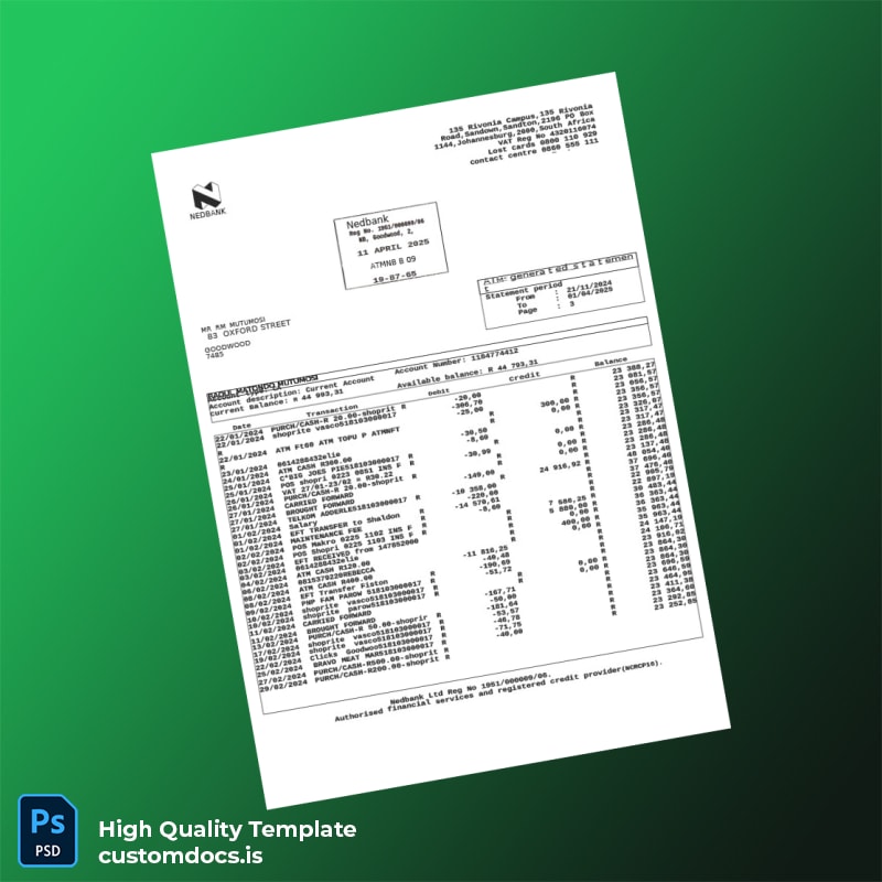South Africa Nedbank Bank Statement Template in Word and PDF formats page 3