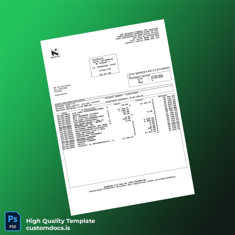 South Africa Nedbank Bank Statement Template in Word and PDF formats page 4