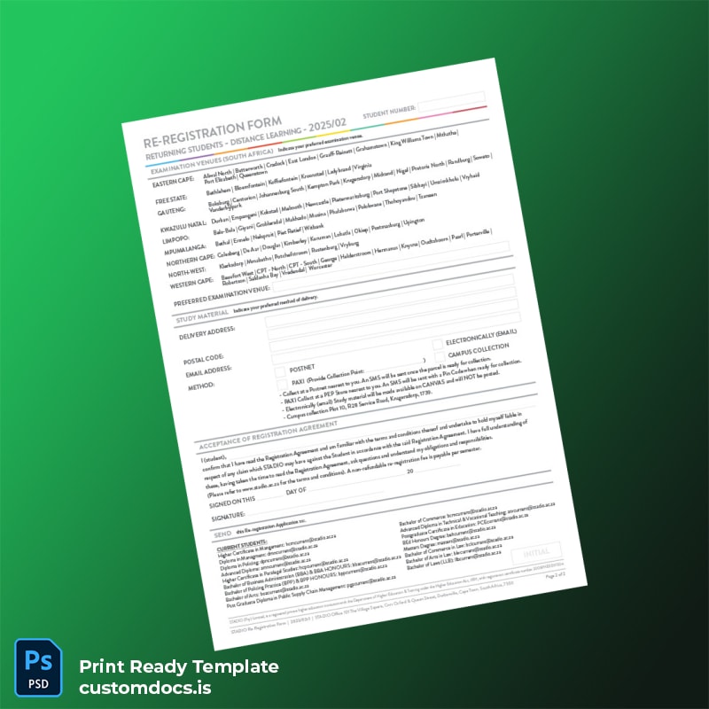 Custom South Africa Stadio Registration Form Template in Word and PDF formats page 2 File Preview - CustomDocs