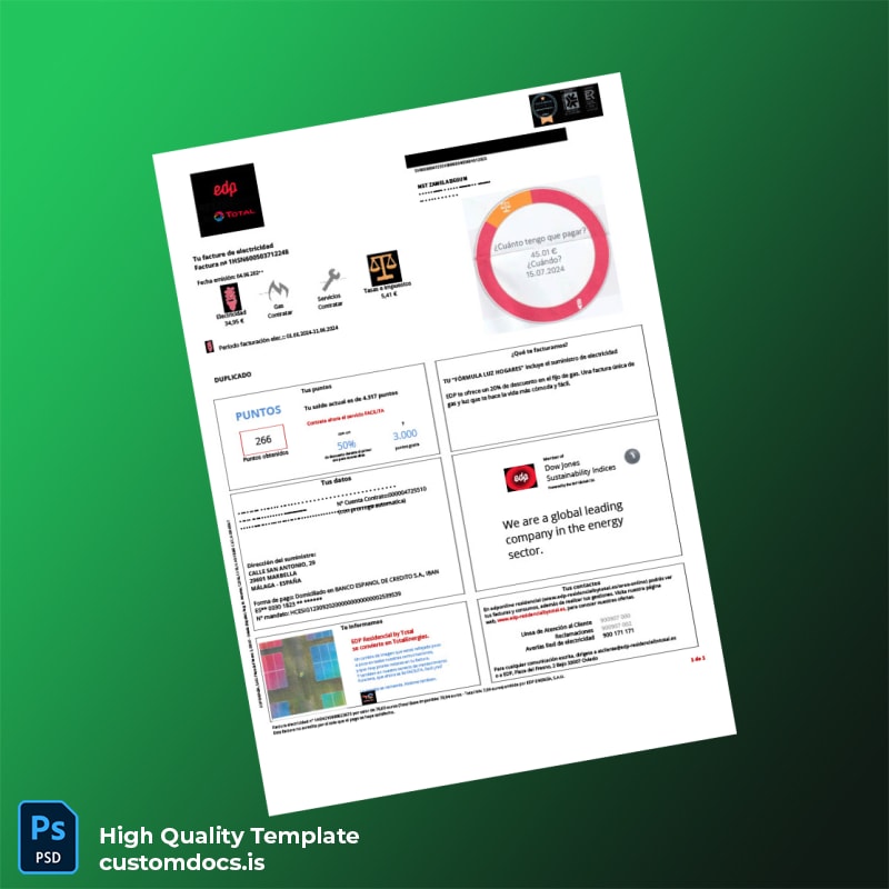 Spain EDP Editable Utility Bill Template in Word and PDF formats