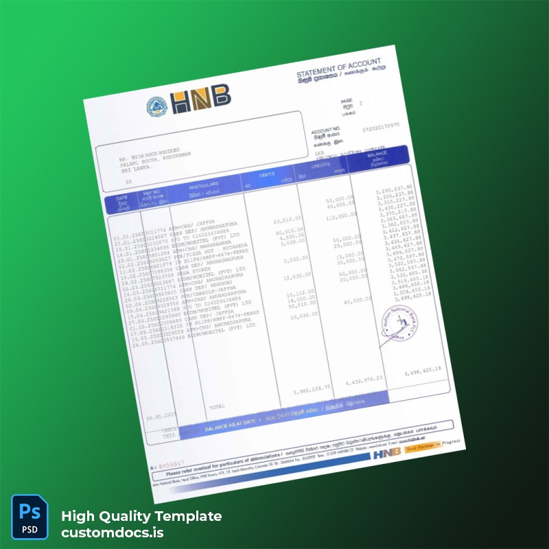 Sri Lanka HNB Bank Statement Template in Word and PDF formats page 2