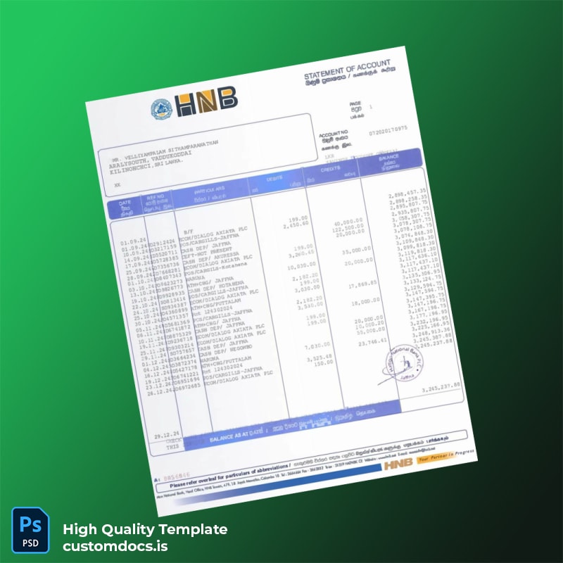 Sri Lanka HNB Bank Statement Template in Word and PDF formats