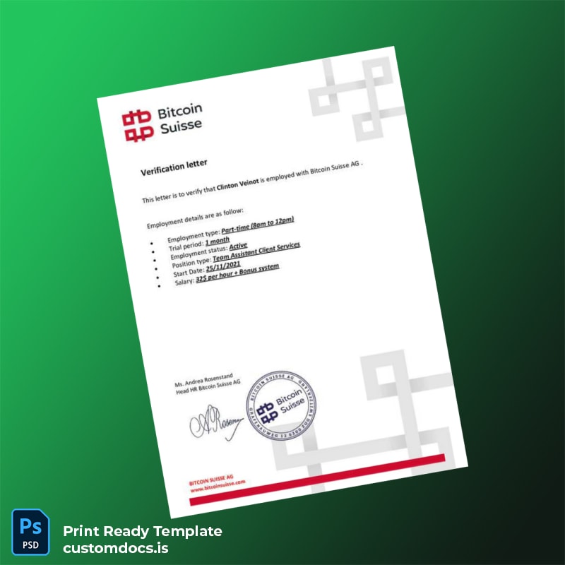 custom Switzerland Bitcoin Suisse AG Employment Verification Letter Template - Word & PDF File Preview - CustomDocs