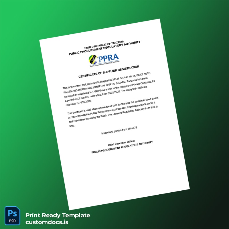 custom Tanzania Public Procurement Regulatory Authority Supplier Registration Certificate Template - Word & PDF File Preview - CustomDocs