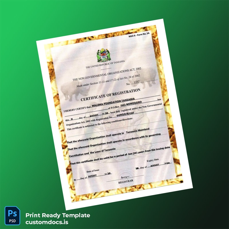custom Tanzania Registrar Certificate of Registration Template - Word & PDF File Preview - CustomDocs