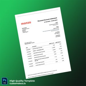 UK Monzo Bank Statement Template in Word and PDF formats