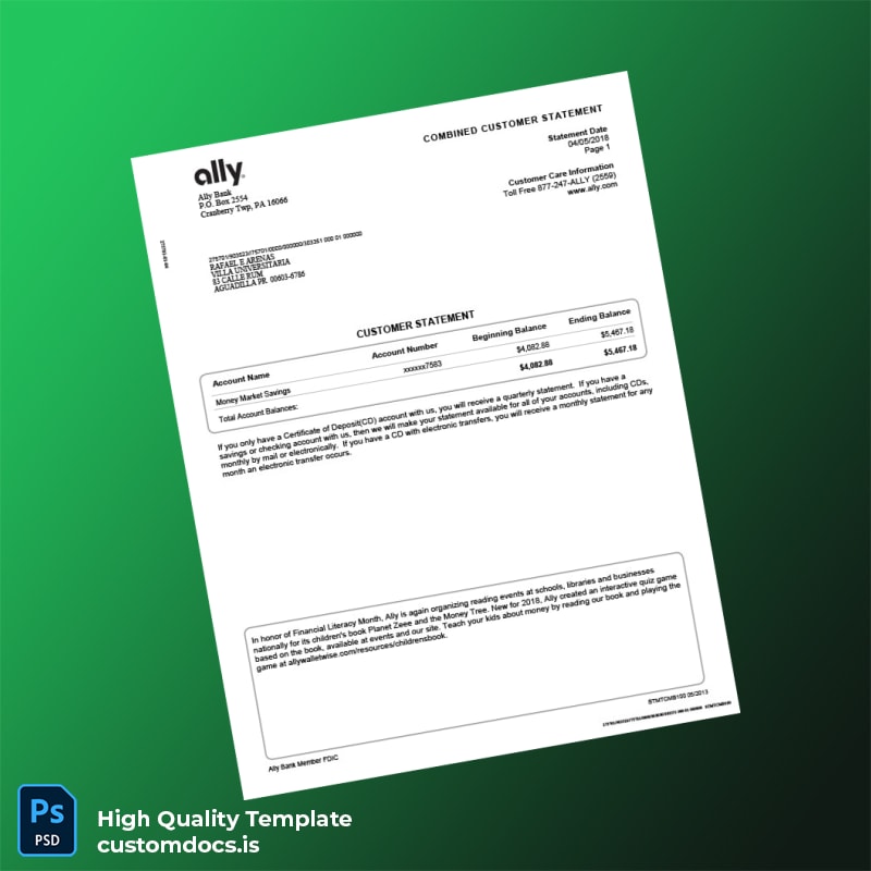 USA Ally Bank Statement Template in Word and PDF formats