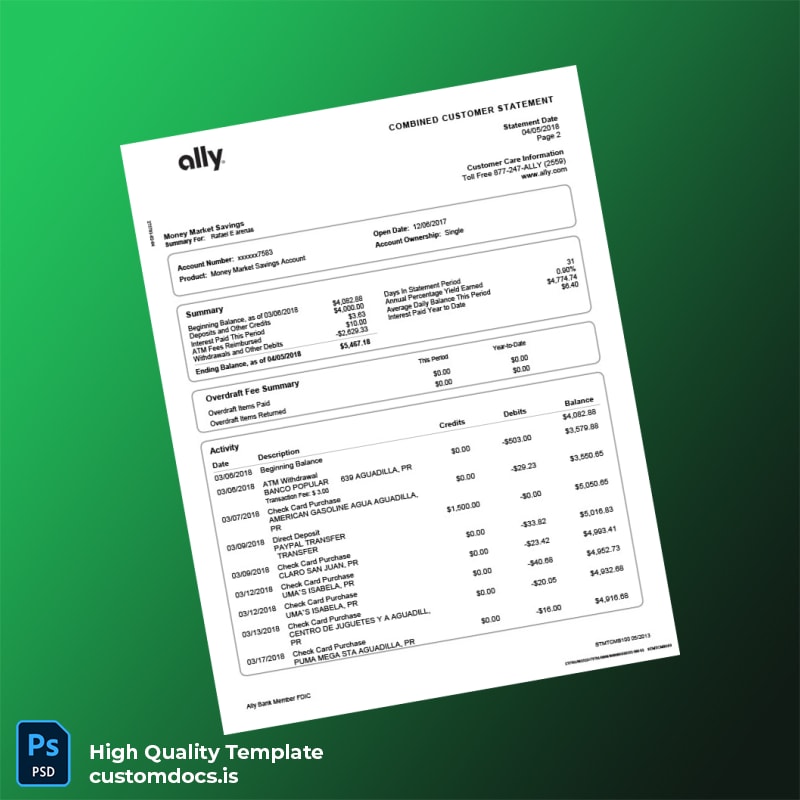 USA Ally Bank Statement Template in Word and PDF formats page 2