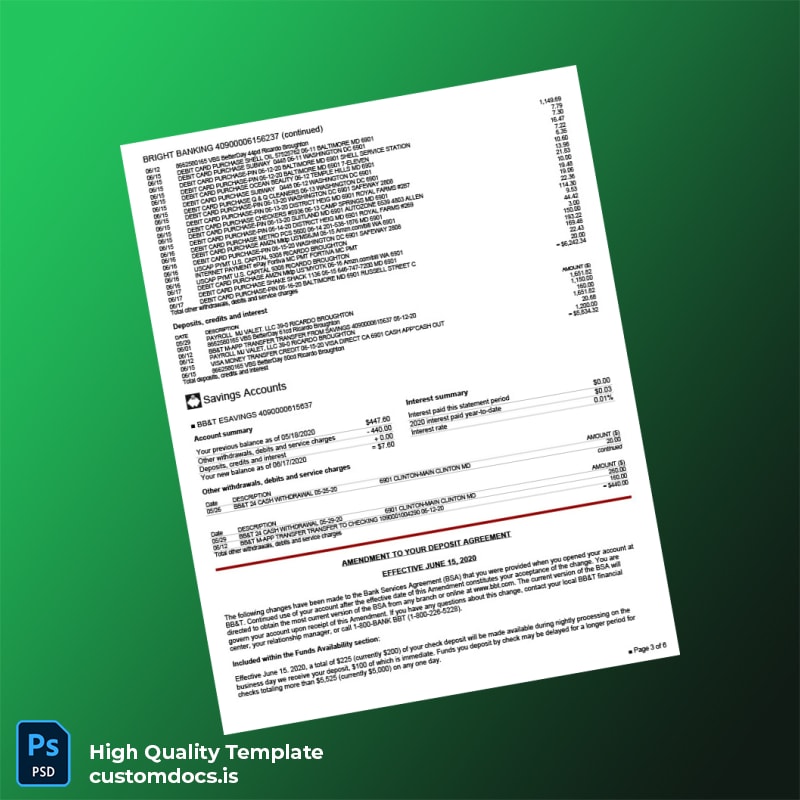 USA BB T Bank Statement Template in Word and PDF formats page 3