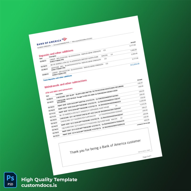 USA Bank of America Account Statement Template in Word and PDF formats page 3