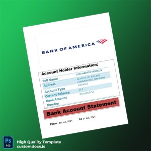 USA Bank of America Bank Account Statement Template in Word and PDF formats