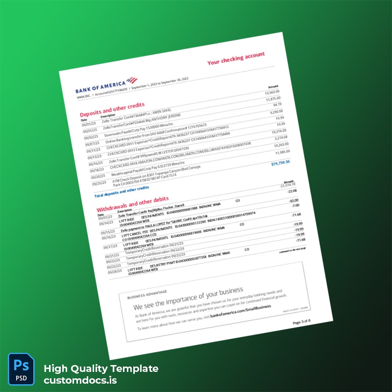 USA Bank of America Statement Template in Word and PDF formats page 3