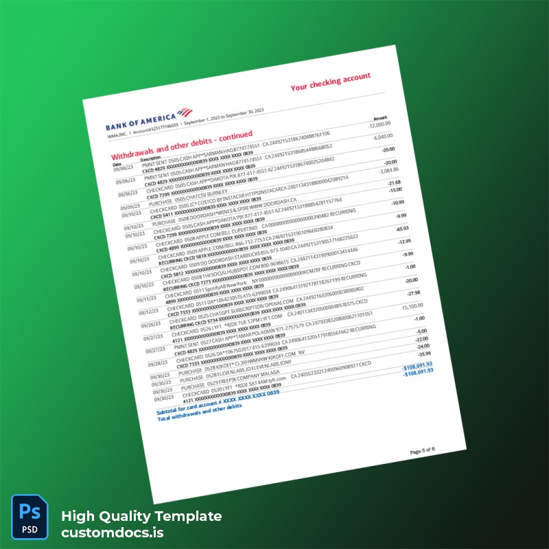 USA Bank of America Statement Template in Word and PDF formats page 5
