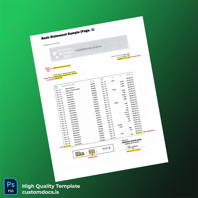 USA Brennan Center Bank Bank Statement Template in Word and PDF formats