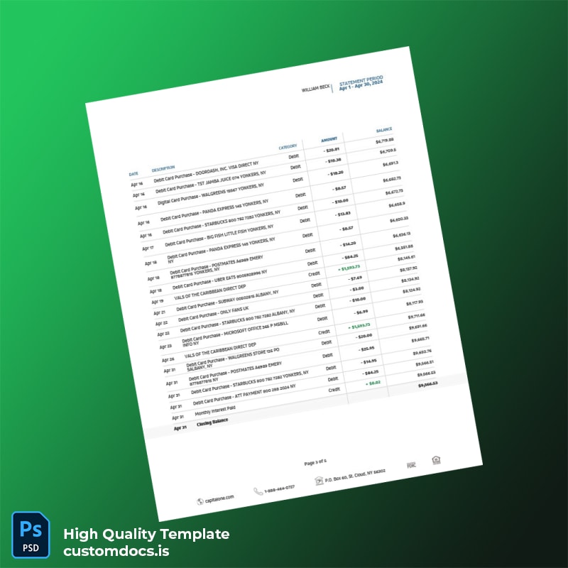 USA Capital One Bank eStatement Template in Word and PDF formats page 3