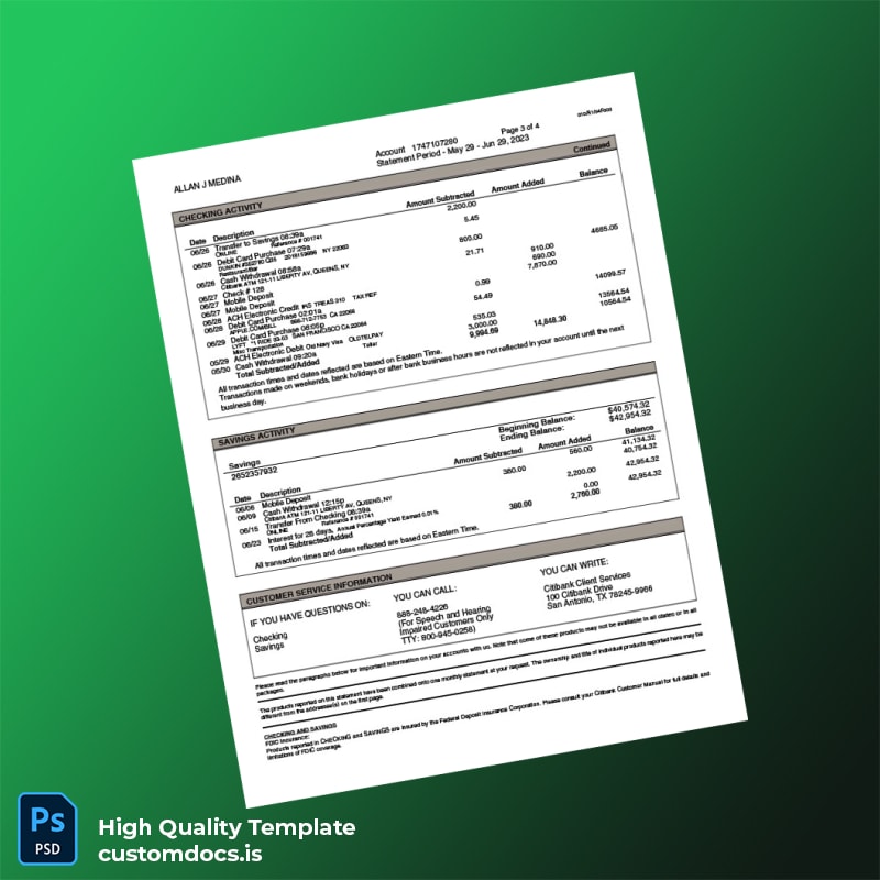 USA Citibank Bank Statement Template in Word and PDF formats page 3