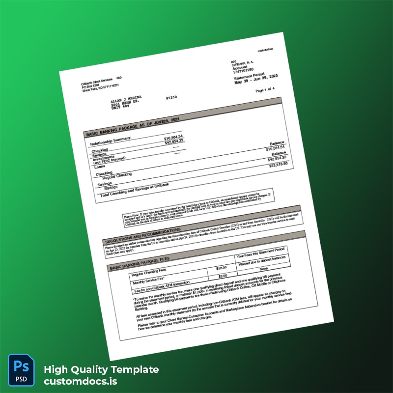 USA Citibank Bank Statement Template in Word and PDF formats