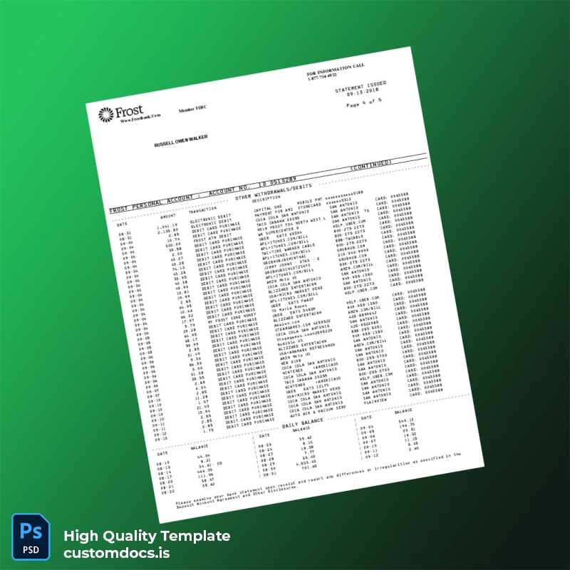 USA Frost Bank Statement Template in Word and PDF formats page 4