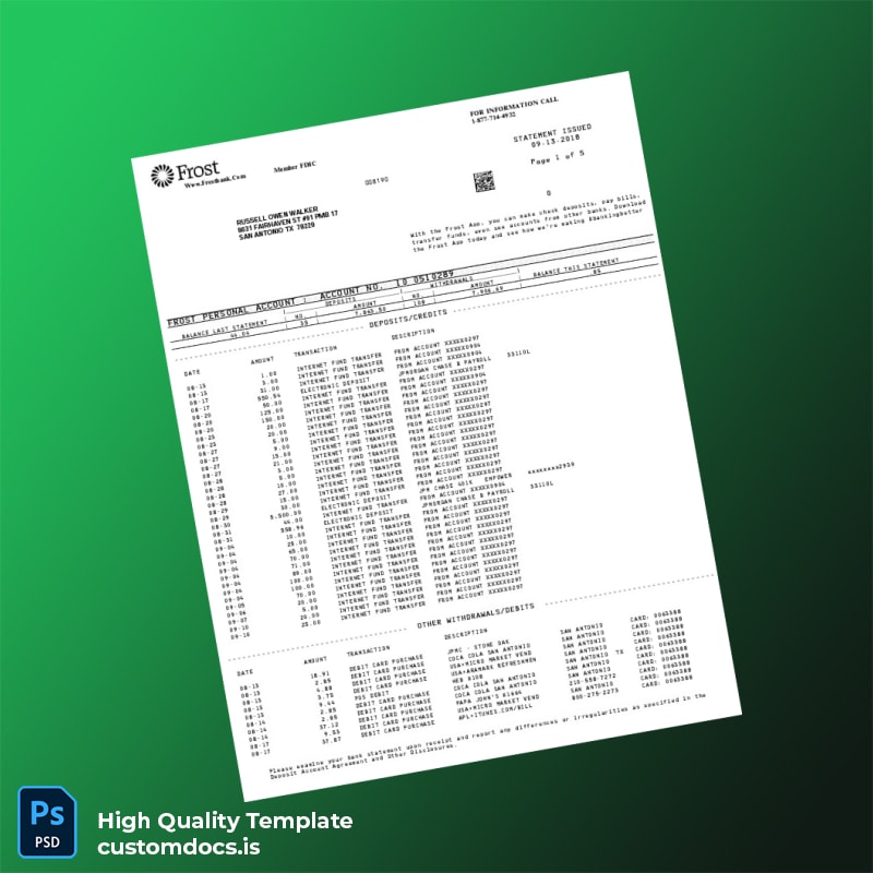 USA Frost Bank Statement Template in Word and PDF formats
