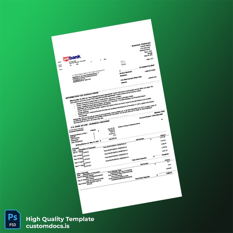 USA US Bank Business Statement Template in Word and PDF formats