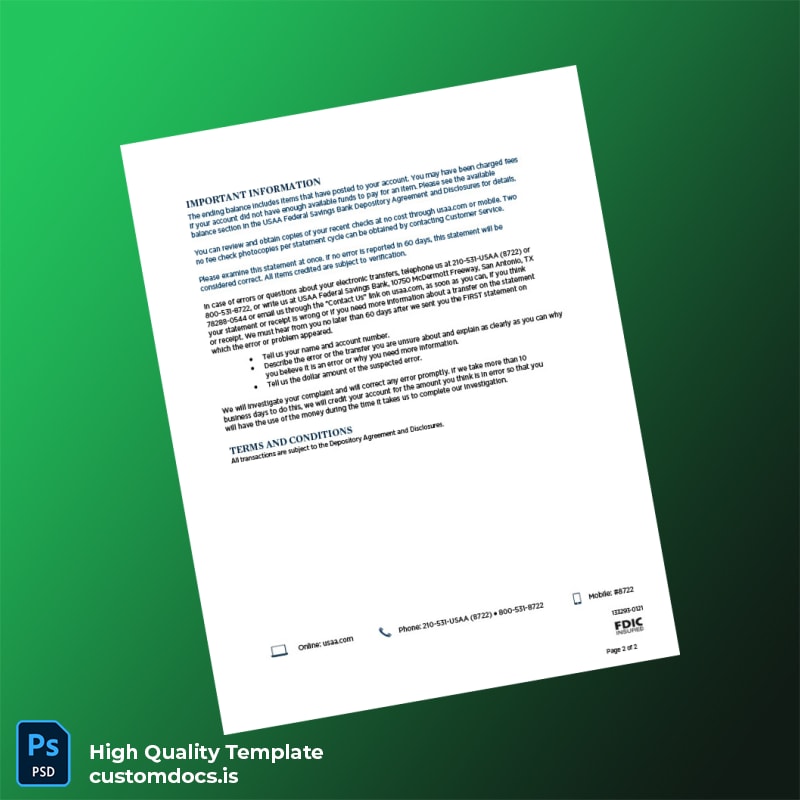 USA USAA Bank Statement Template in Word and PDF formats page 2