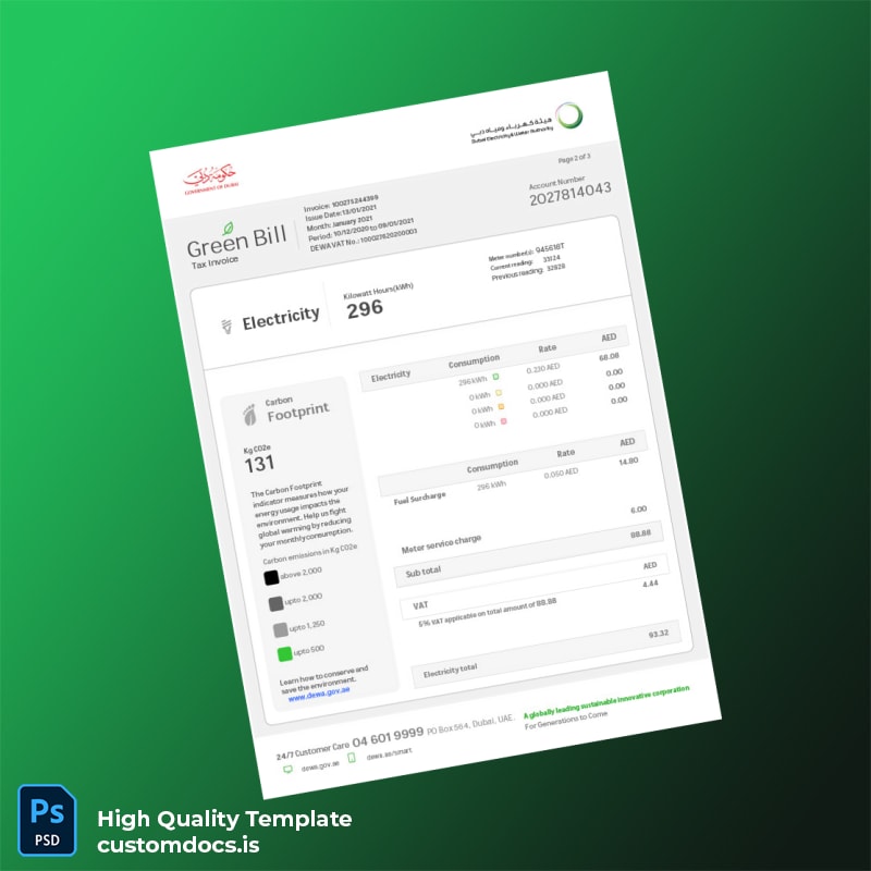 United Arab Emirates Dubai Electricity Water Authority DEWA Editable Utility Bill Template in Word and PDF formats page 2