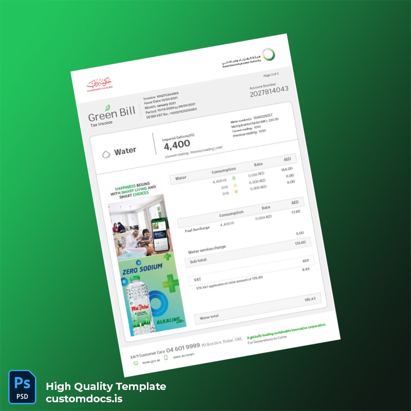 United Arab Emirates Dubai Electricity Water Authority DEWA Editable Utility Bill Template in Word and PDF formats page 3