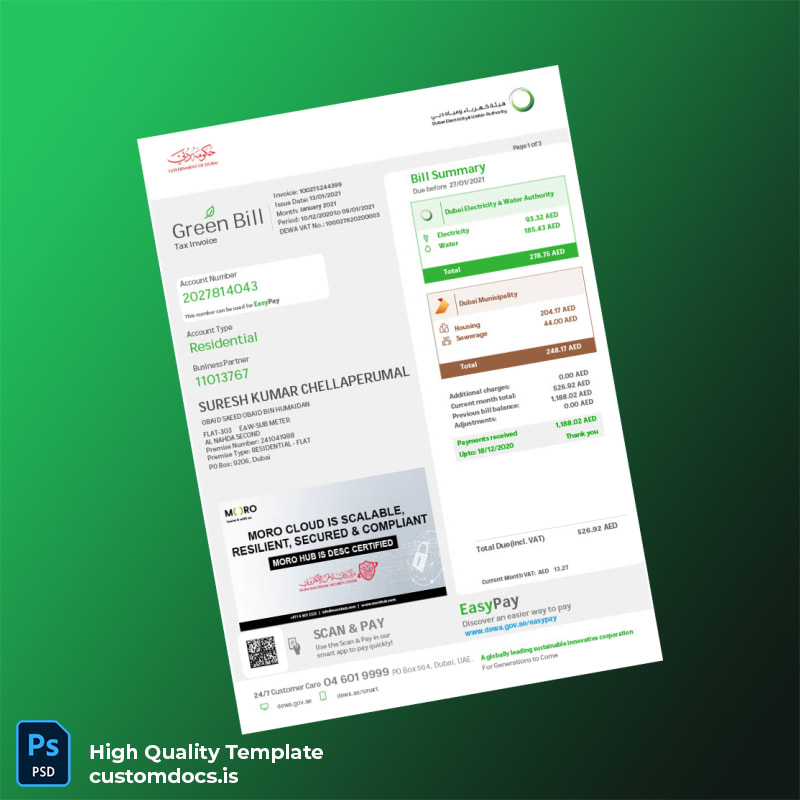 United Arab Emirates Dubai Electricity Water Authority DEWA Editable Utility Bill Template in Word and PDF formats