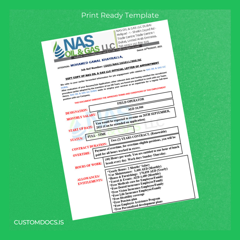 custom United Arab Emirates Nas Oil Gas LLC Employment Verification Letter Template - Word & PDF File Preview - CustomDocs