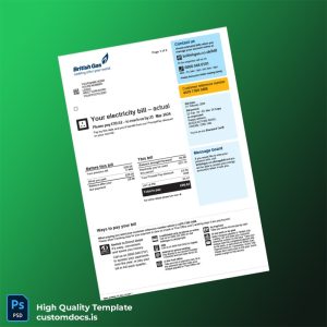 United Kingdom British Gas Trading Ltd Editable Electricity Bill Template in Word and PDF formats