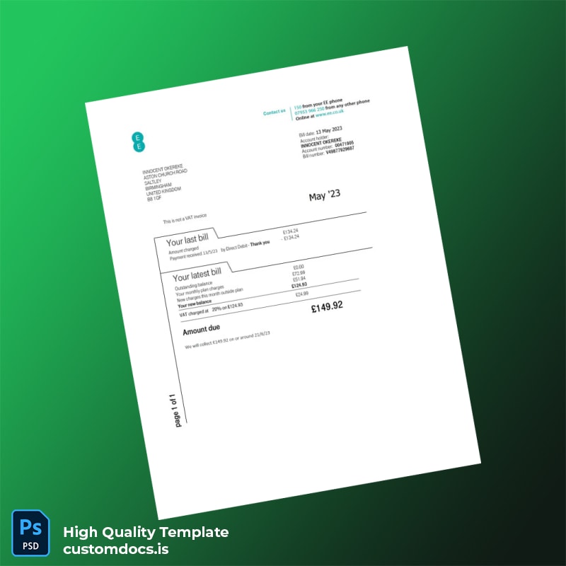 United Kingdom EE Editable Utility Bill Template in Word and PDF formats