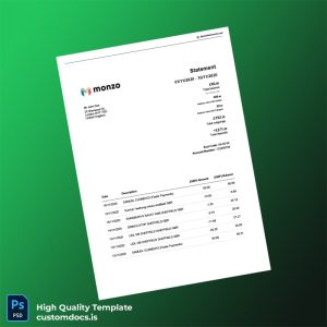 United Kingdom Monzo Bank Statement Template in Word and PDF formats