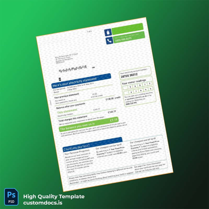 United Kingdom Southern Electric Editable Electricity Bill Template in Word and PDF formats