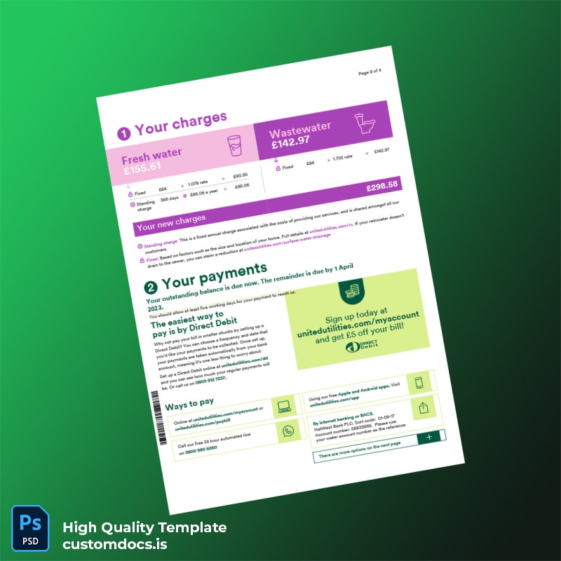 United Kingdom United Utilities Editable Water Bill Template in Word and PDF formats page 2