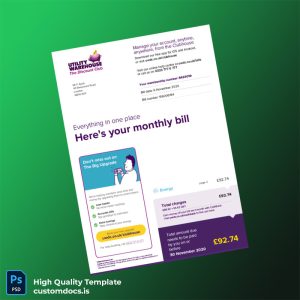 United Kingdom Utility Warehouse Editable Utility Bill Template in Word and PDF formats