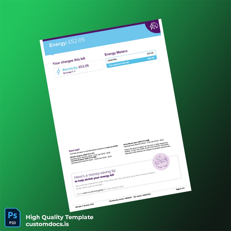 United Kingdom Utility Warehouse Ltd Editable Electricity Bill Template in Word and PDF formats page 2
