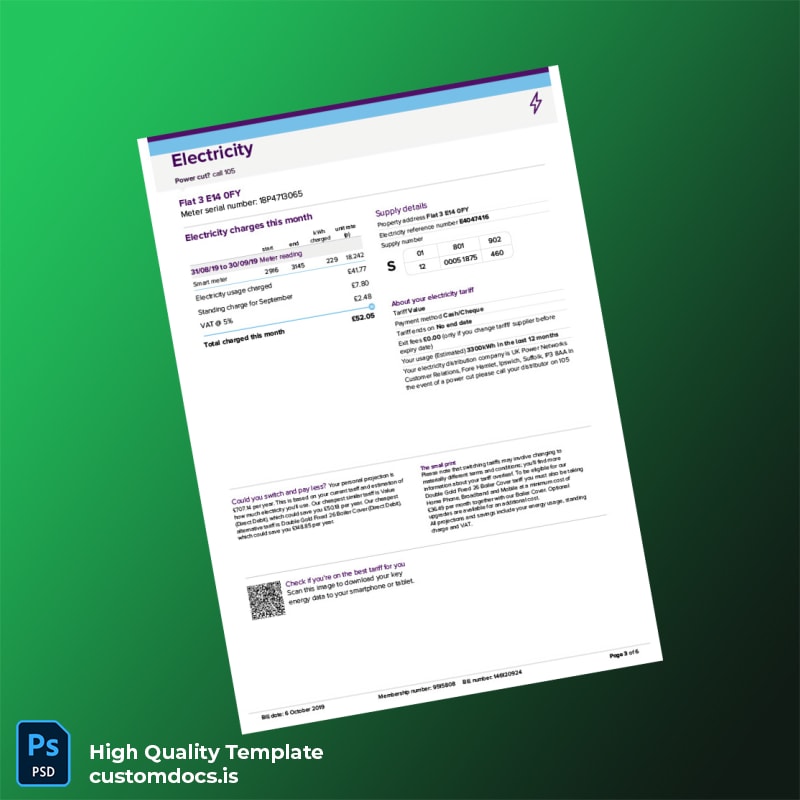 United Kingdom Utility Warehouse Ltd Editable Electricity Bill Template in Word and PDF formats page 3