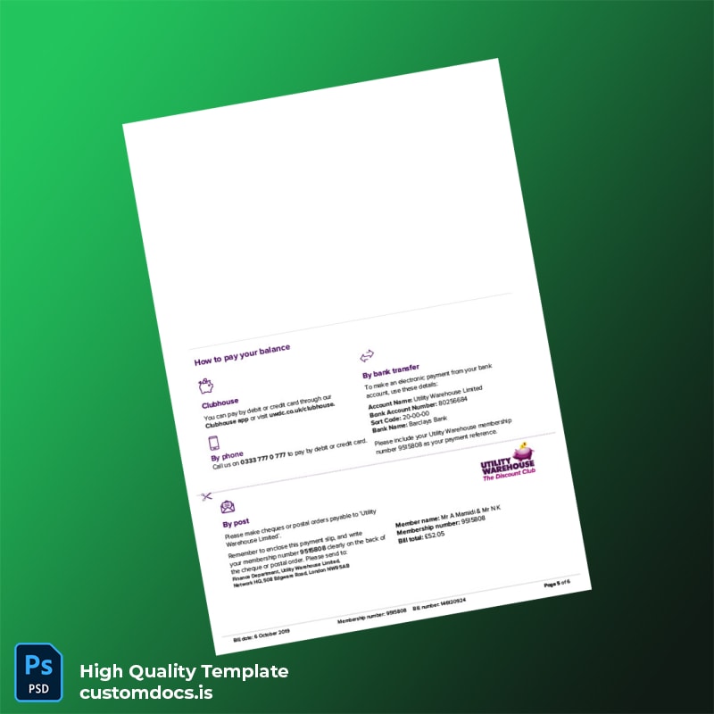 United Kingdom Utility Warehouse Ltd Editable Electricity Bill Template in Word and PDF formats page 5