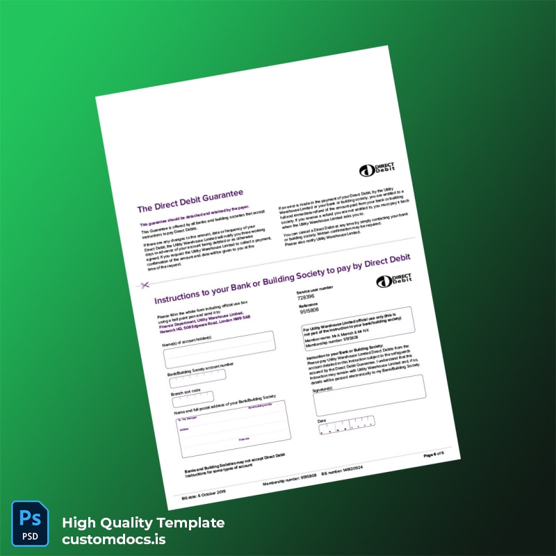 United Kingdom Utility Warehouse Ltd Editable Electricity Bill Template in Word and PDF formats page 6