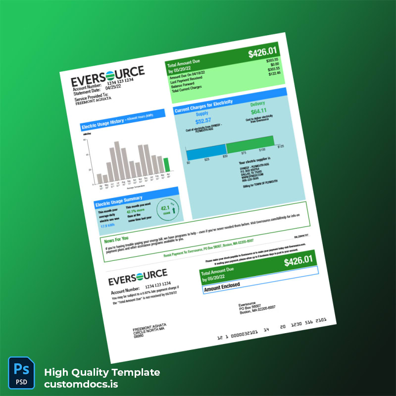 United States Eversource Editable Electricity Bill Template in Word and PDF formats